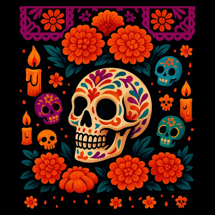 Fondo de pantalla de ofrenda con calavera, velas y cempasúchil